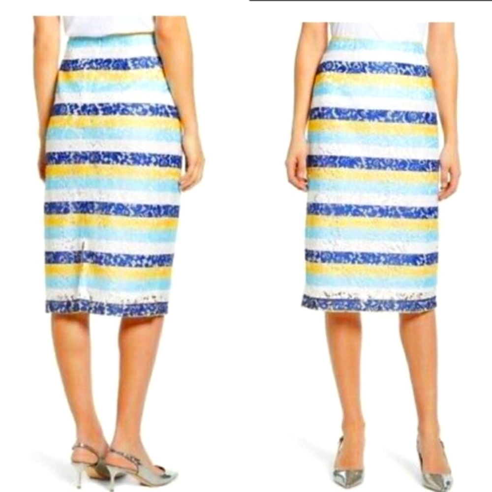 Halogen Striped Pencil Skirt Blue White Yellow Lace Sz 6